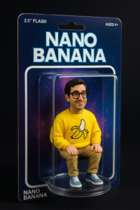Nano Banana AI trend figurine of a man in glasses wearing a yellow banana sweatshirt, packaged like a collectible toy with 2.5 Flash branding.