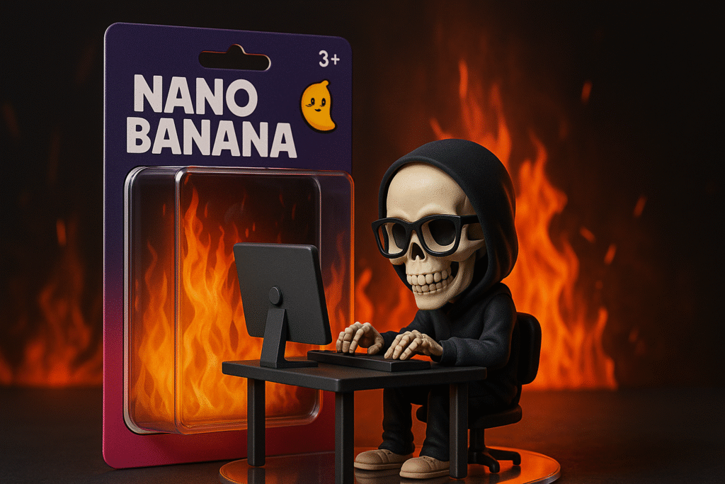 Nano Banana–style collectible figurine of a skeleton coding at a computer surrounded by flames, RaigeMag blog header.