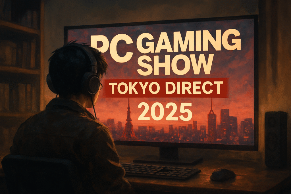 PC Gaming Show Tokyo Direct 2025 logo overlaid on a large computer screen