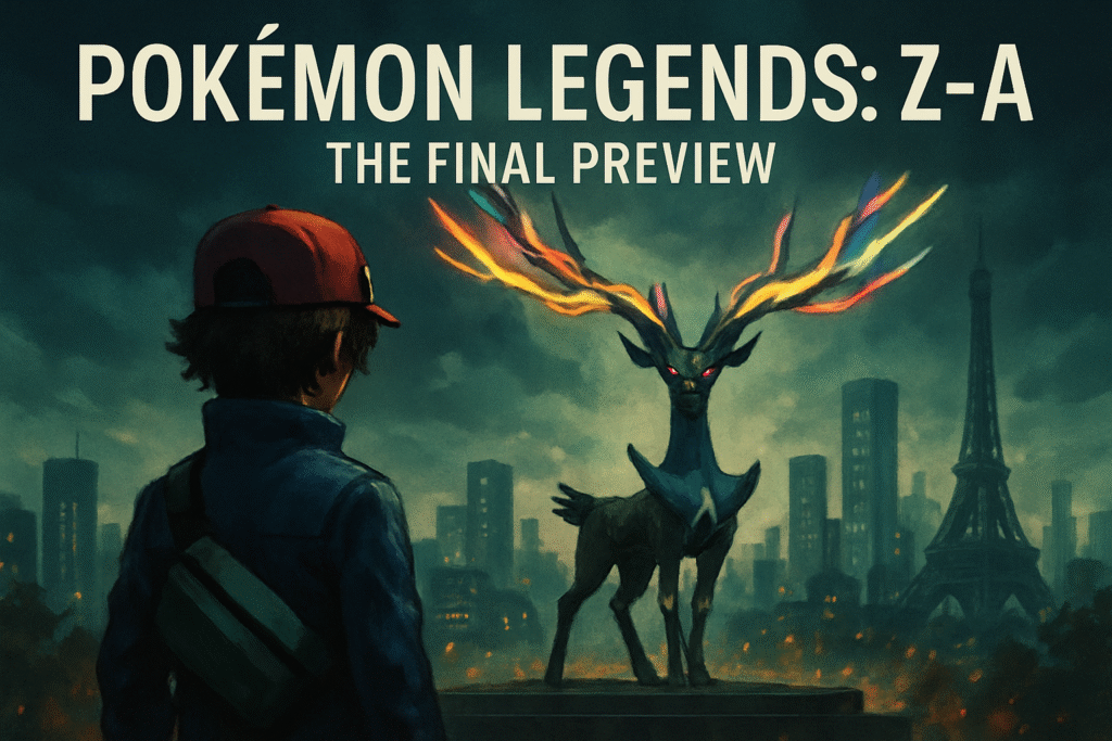 Pokémon Legends Z-A final preview artwork showing a boy in a red hat staring at a majestic Pokémon with large horns against a cityscape background.