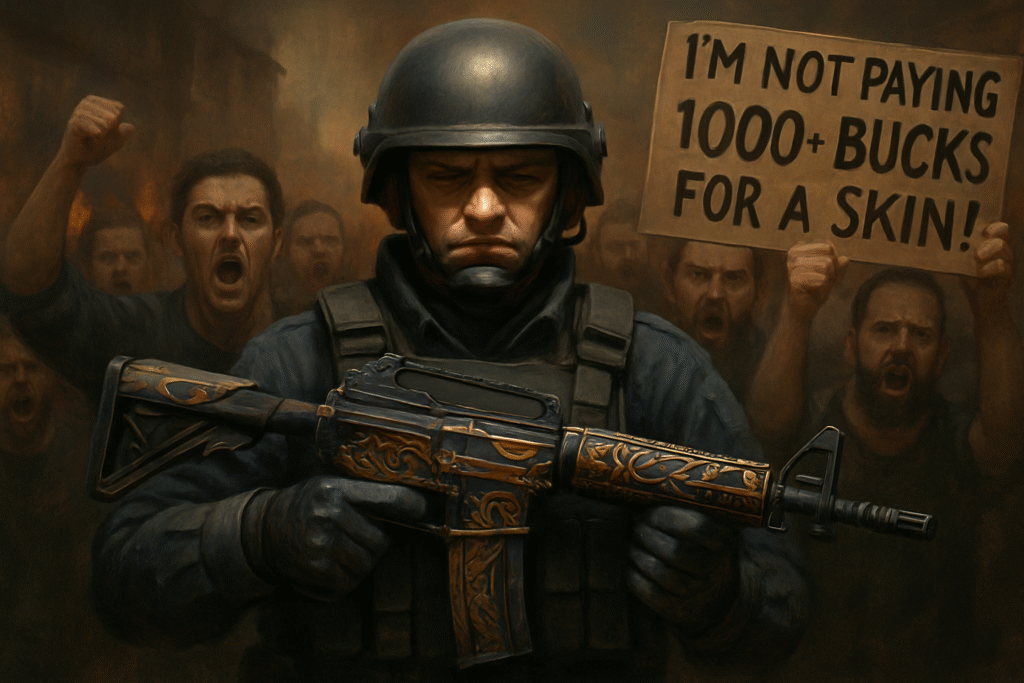 Counter-Strike 2 soldier holding a decorated weapon with a group of armed teammates behind him, one carrying a protest sign reading “I’m not paying 1000+ bucks for a skin!”
