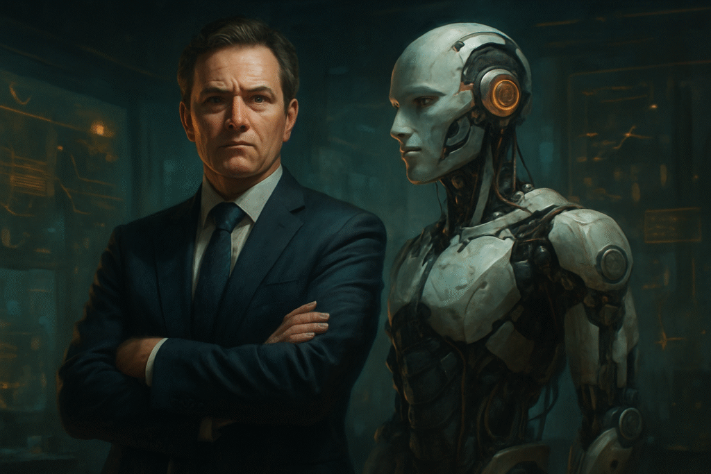 Business executive in a suit standing with folded arms beside a sleek android male robot, symbolizing the partnership between humans and AI.